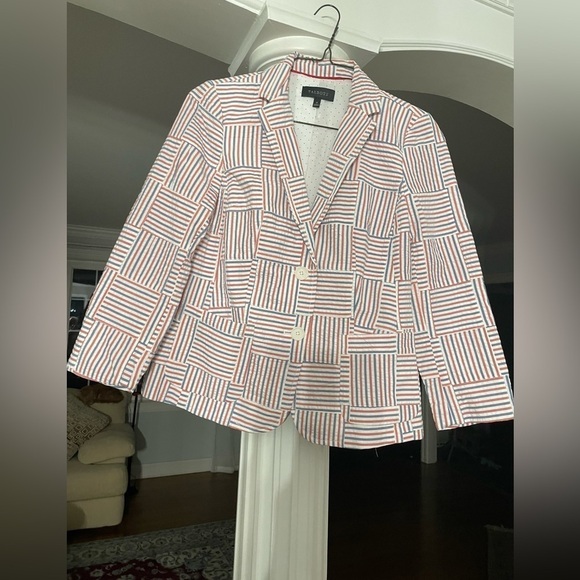 Talbots Seersucker stripe Patchwork Blazer women. Color Rd, white, Blue - Picture 1 of 6
